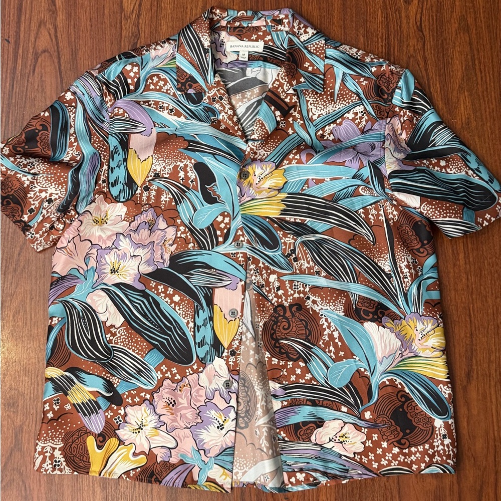 Banana Republic white lotus silk Multicolor Patterned Shirt